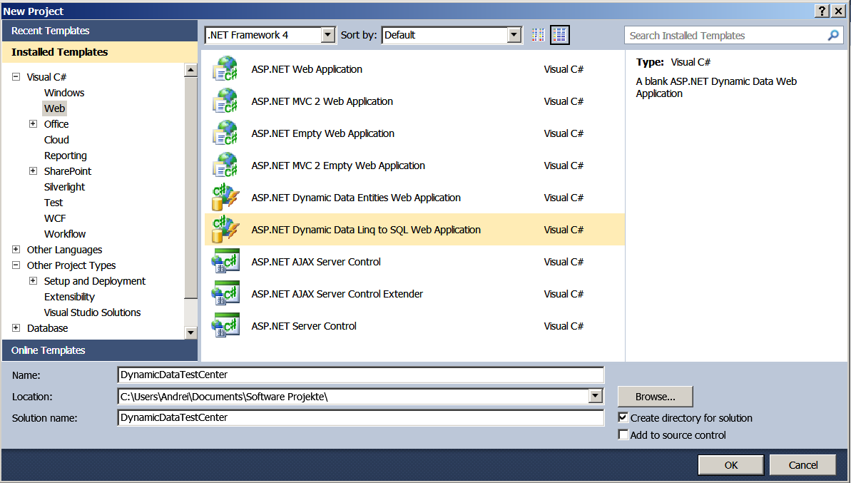 Neues Projekt - ASP.NET Linq to SQL Web Application